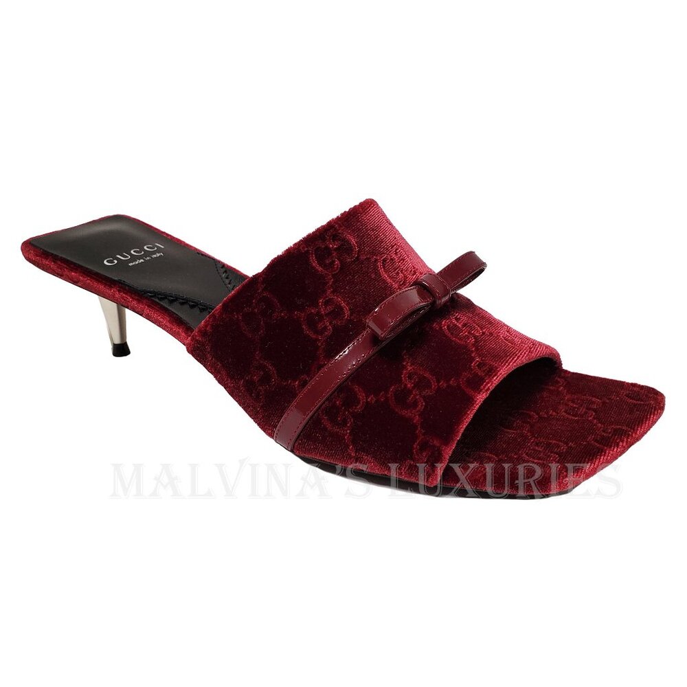GUCCI SHOES GG LOGO BURGUNDY VELVET w BOW DETAIL SLIDES sz 38 8 US - Picture 6 of 15